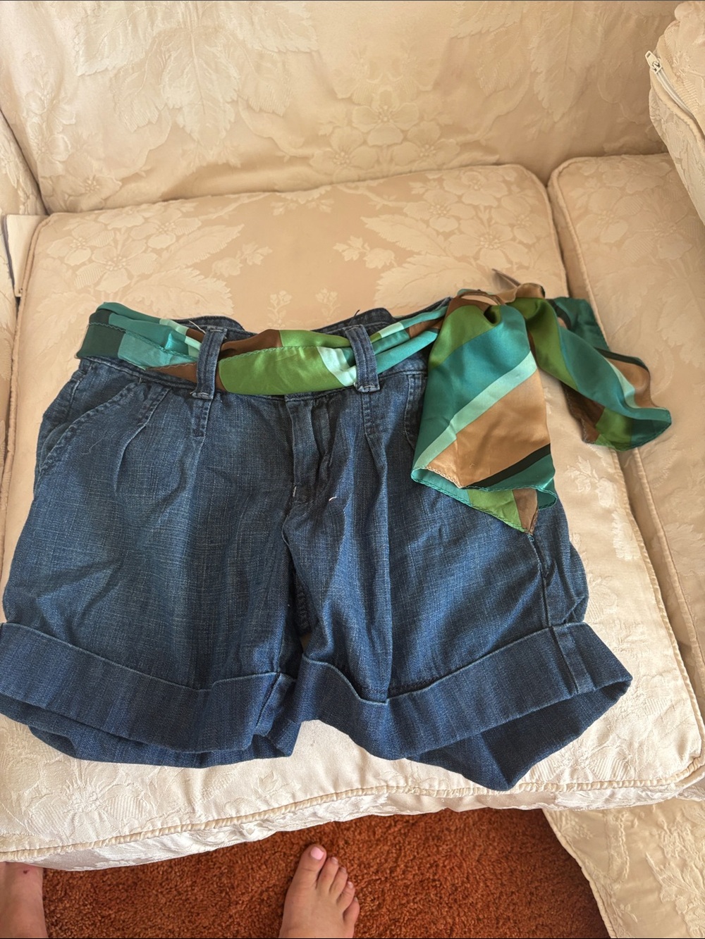Lucky Brand Blue Denim Cuffed Shorts with Teal-Green Scarf